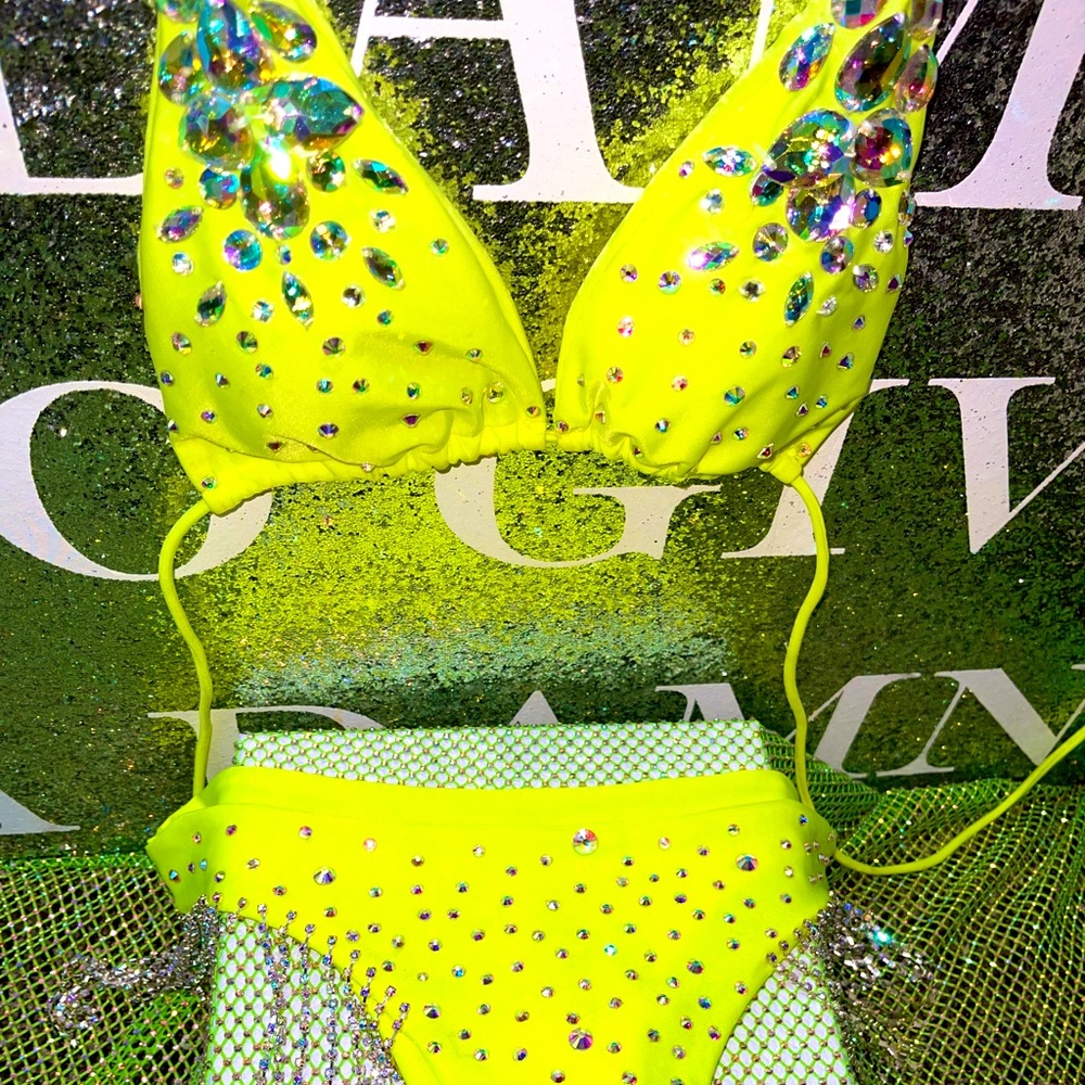 Neon Green Rhinestone Tassel Bikini